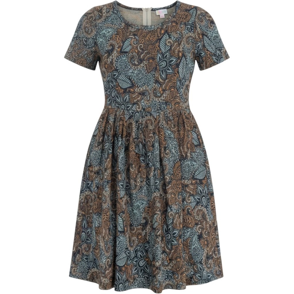 LuLaRoe‎ Amelia Dress Medium Blue Orange Paisley Tapestry Fit Flare Short Sleeve